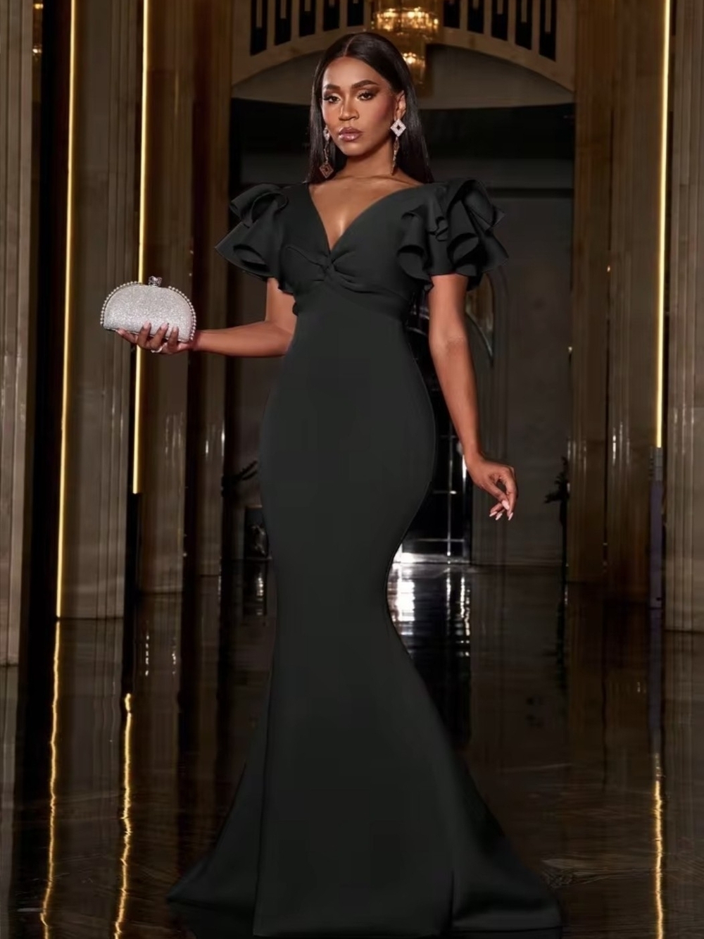 Elegant Black Ruffle-Sleeve Evening Gown